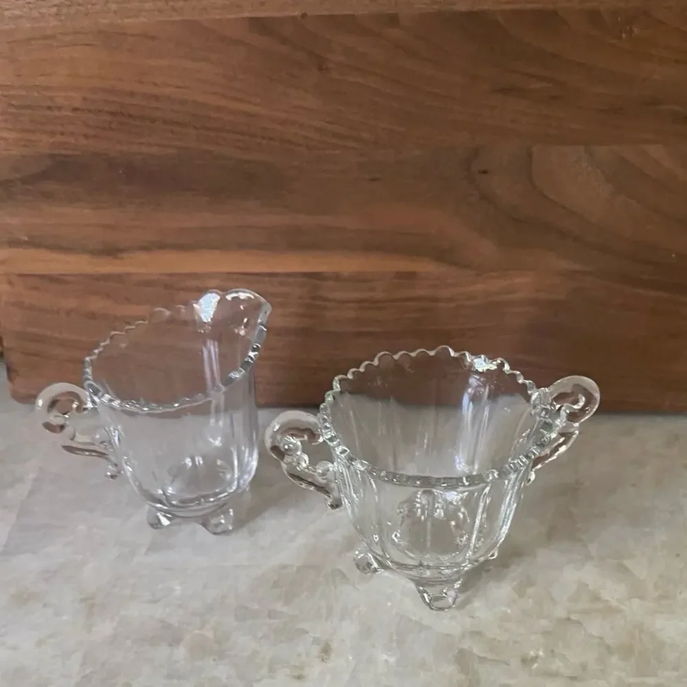 Vintage crystal  glass footed creamer and sugar set 2-1/2